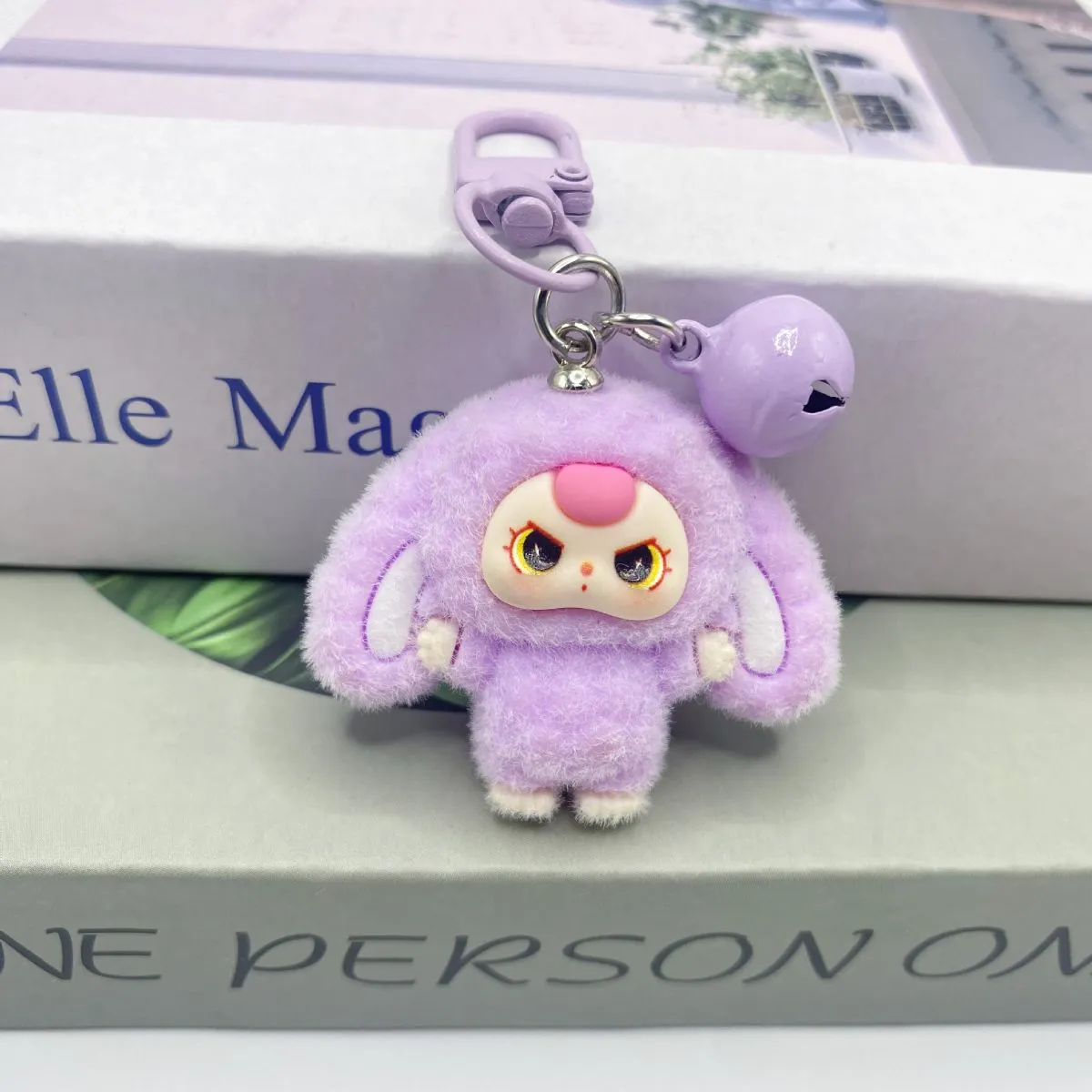 Bow Flocked Big-Ear Doll Keychain – Cute Plush Backpack Charm for Students, School Bag Pendant & Keyring Accessory